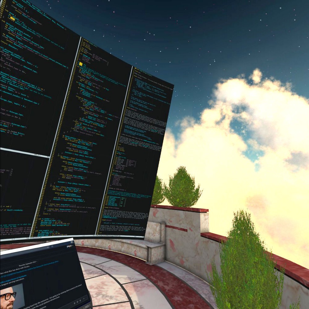 A large screen showing code takes up the left half of the picture, the right half shows topiaries along a marble wall and plaza. Beyond the wall, sunset clouds fade upward into night sky.