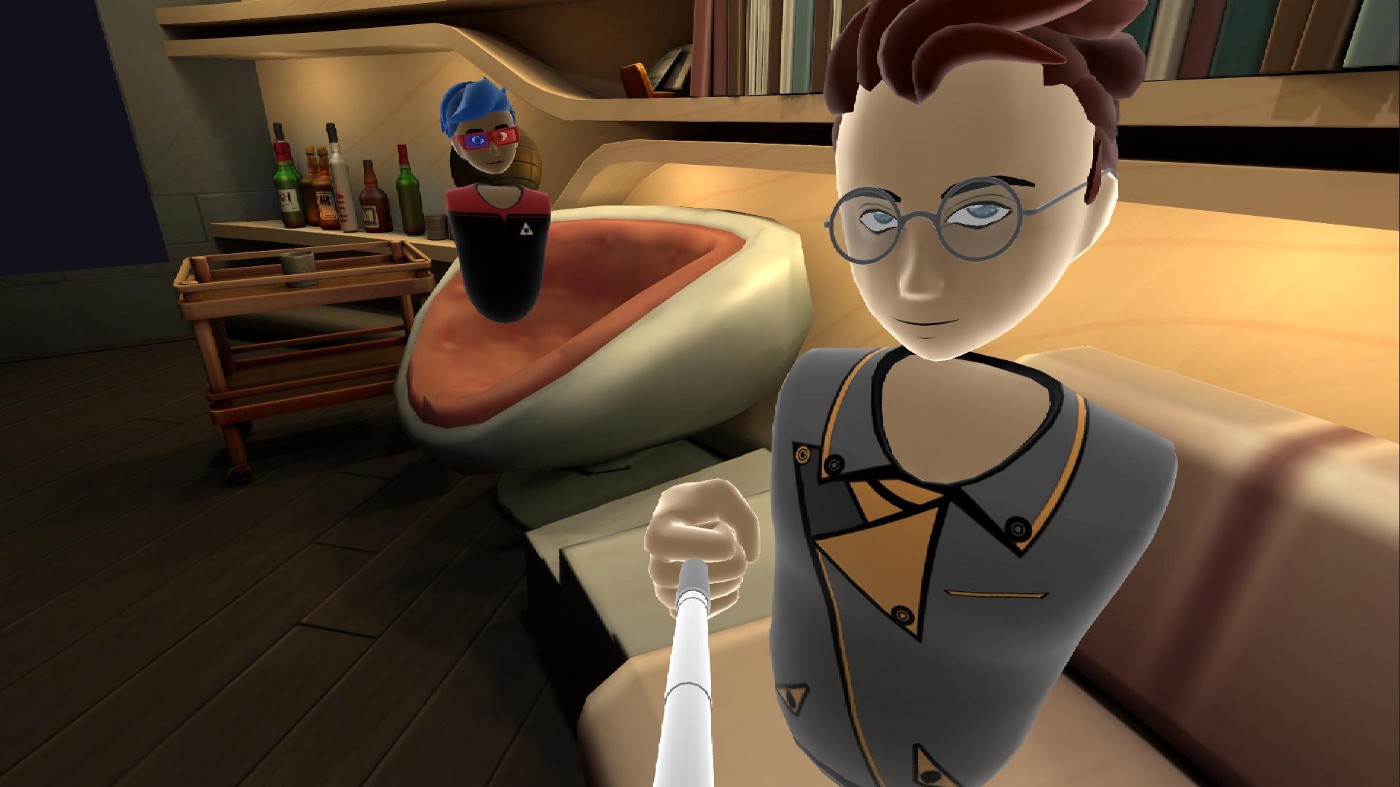 A selfie of two avatars lounging in a high-class penthouse.