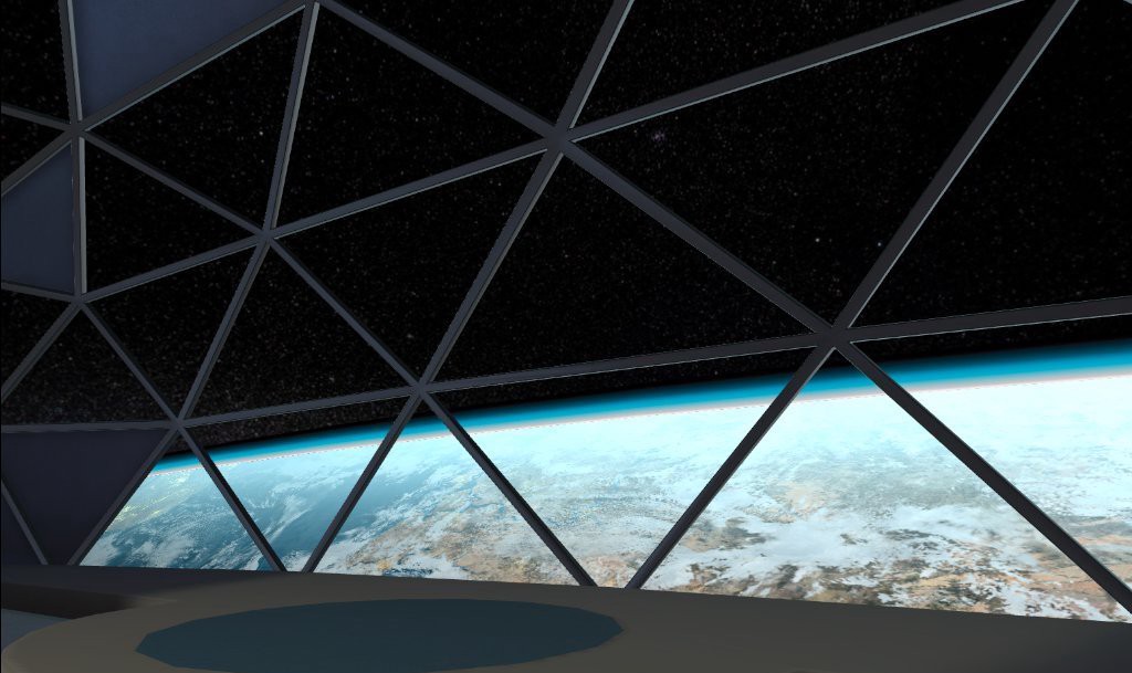 A giant window with geodesic reinforcing bars overlooks the planet Earth from low orbit, the top two-thirds showing a field of stars.
