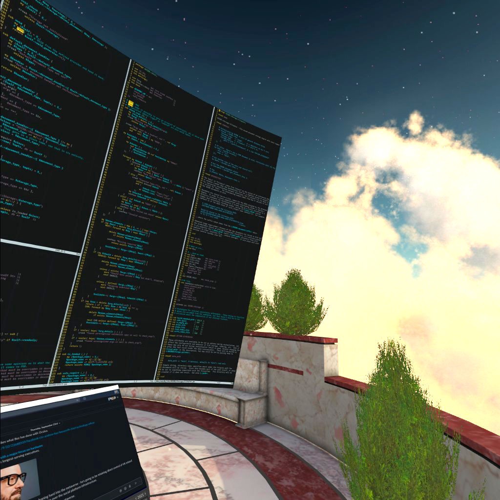 A large screen showing code takes up the left half of the picture, the right half shows topiaries along a marble wall and plaza. Beyond the wall, sunset clouds fade upward into night sky.